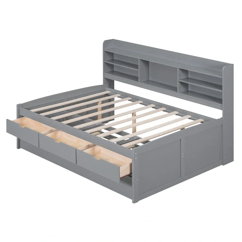 Antique Grey Full-Size Wooden Captain Bed with Built-in Bookshelves, Three Storage Drawers, and Trundle 11