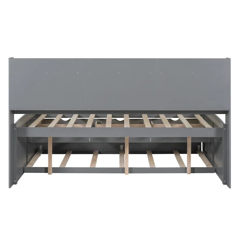 Antique Grey Full-Size Wooden Captain Bed with Built-in Bookshelves, Three Storage Drawers, and Trundle 12