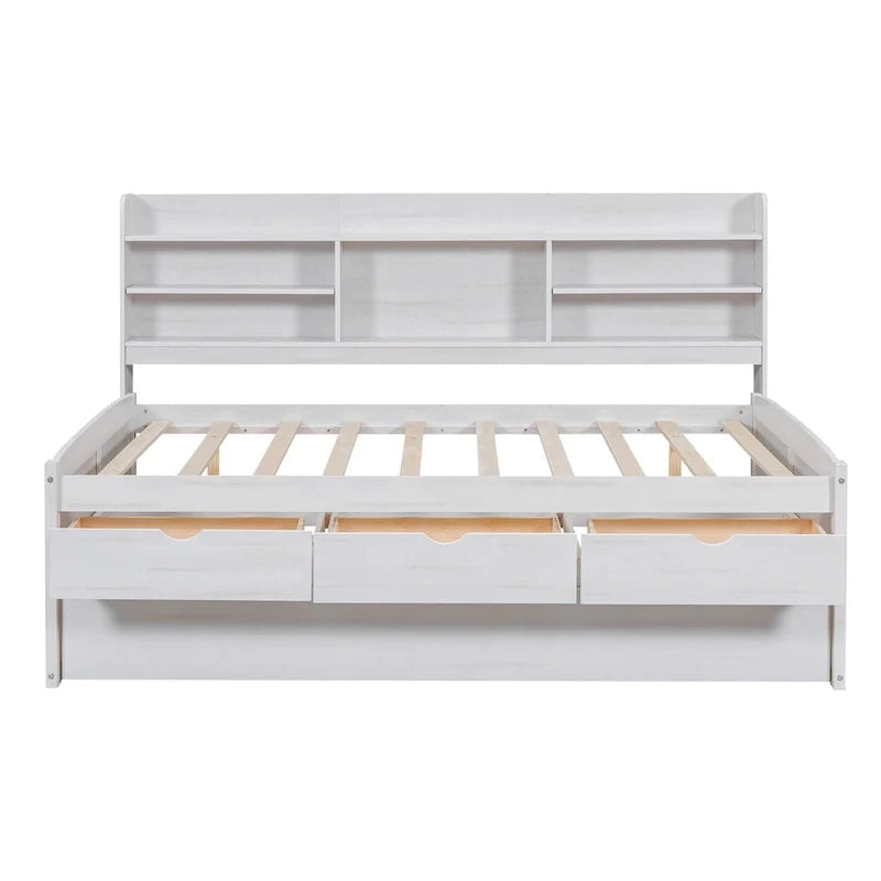 Antique Grey Full-Size Wooden Captain Bed with Built-in Bookshelves, Three Storage Drawers, and Trundle 15