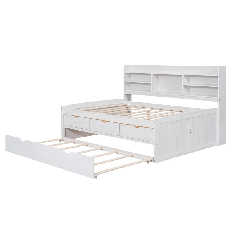 Antique Grey Full-Size Wooden Captain Bed with Built-in Bookshelves, Three Storage Drawers, and Trundle 16