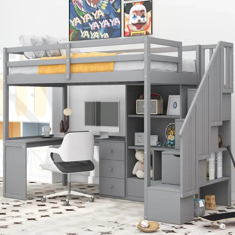 Loft Bed with Desk Storage Drawers Shelves and Staircase