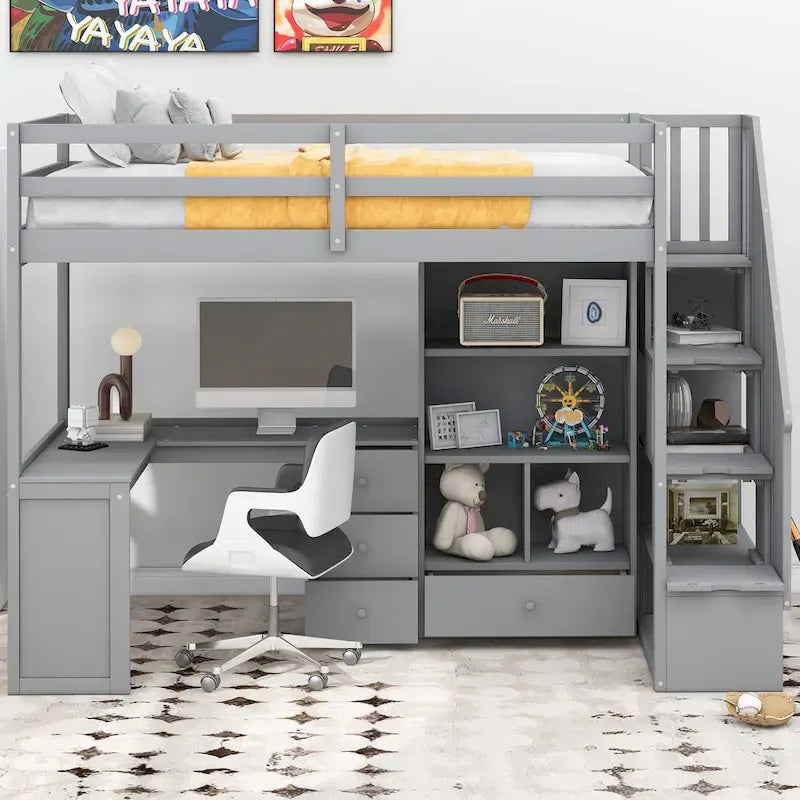 Loft Bed with Desk Storage Drawers Shelves and Staircase