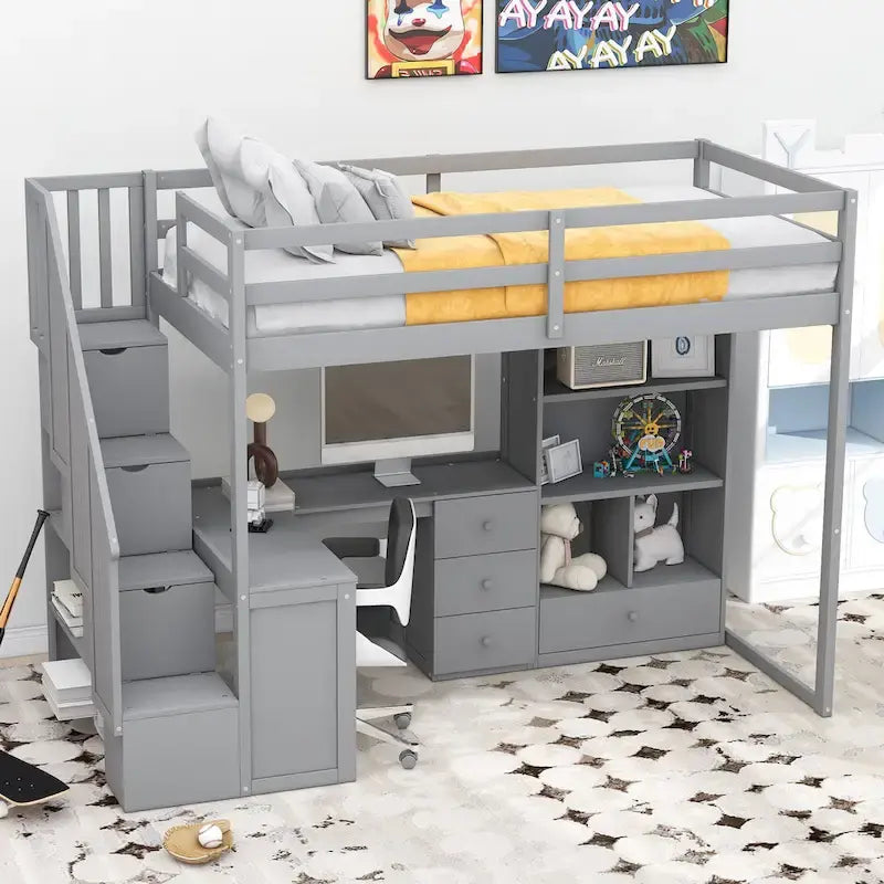 Loft Bed with Desk Storage Drawers Shelves and Staircase 3