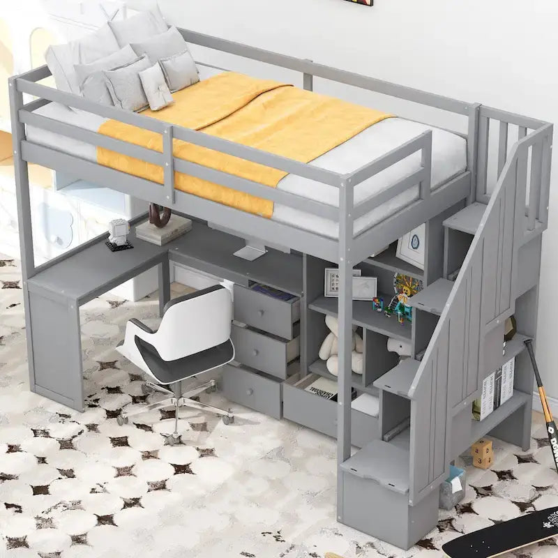Loft Bed with Desk Storage Drawers Shelves and Staircase 4
