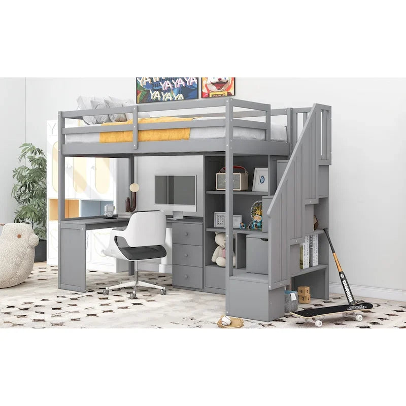 Loft Bed with Desk Storage Drawers Shelves and Staircase 5