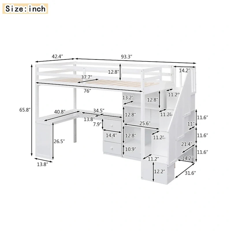 Loft Bed with Desk Storage Drawers Shelves and Staircase 6