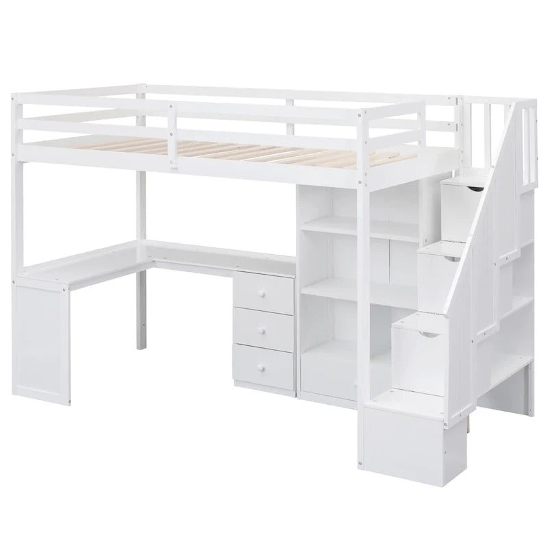 Loft Bed with Desk Storage Drawers Shelves and Staircase 7