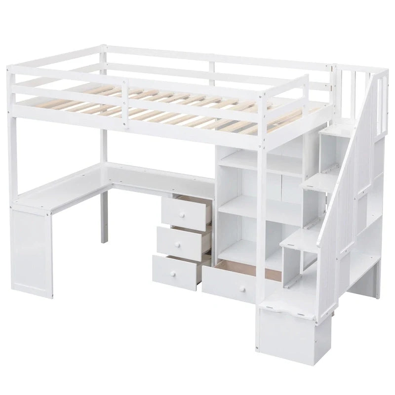 Loft Bed with Desk Storage Drawers Shelves and Staircase 8