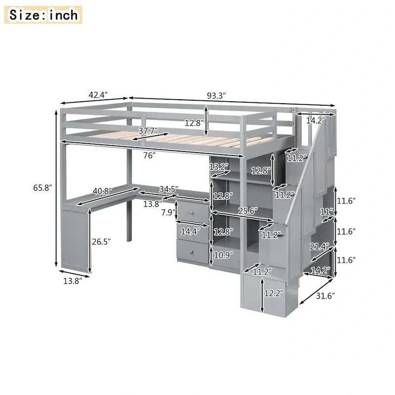 Loft Bed with Desk Storage Drawers Shelves and Staircase 9