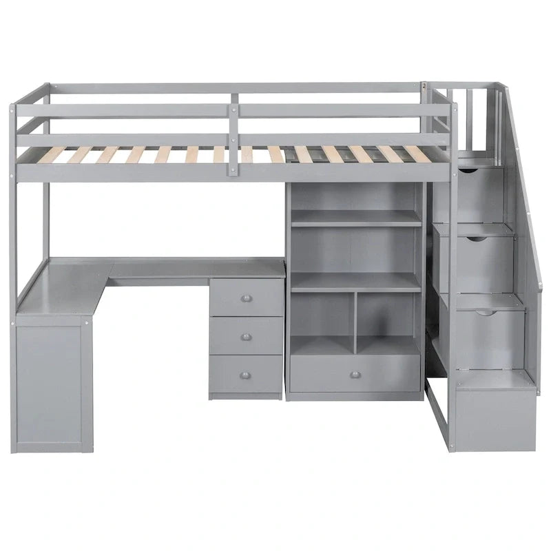 Loft Bed with Desk Storage Drawers Shelves and Staircase 10