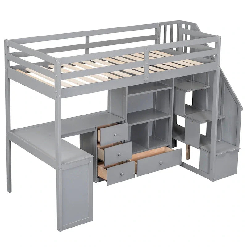 Loft Bed with Desk Storage Drawers Shelves and Staircase 11