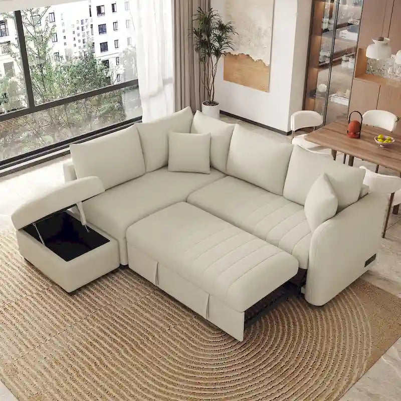 82.6" L-Shaped Sectional Sleeper Sofa Bed with Dual USB Ports, Power Outlets, and Removable Storage Ottoman - Bei 1