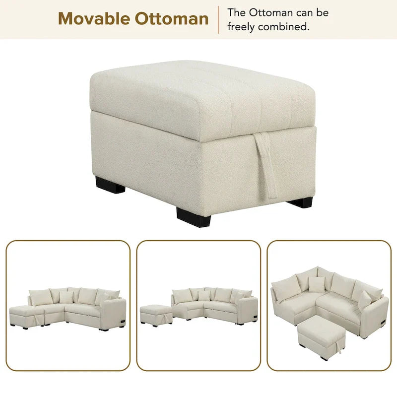 82.6" L-Shaped Sectional Sofa Bed with Pull-Out Feature, USB Ports, Power Sockets, and Movable Storage Ottoman - Bei 4