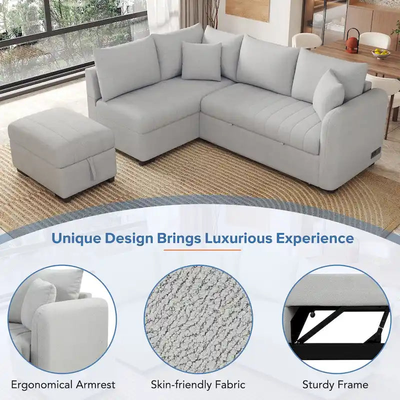 82.6" L-Shaped Sectional Sleeper Sofa Bed with Dual USB Ports, Power Outlets, and Removable Storage Ottoman - Bei 6