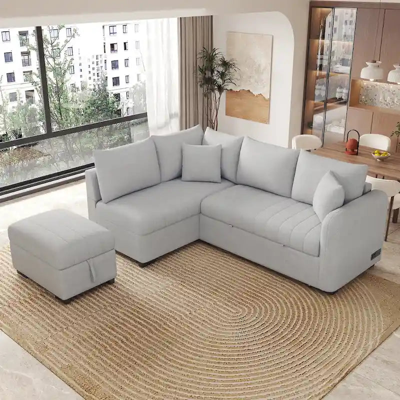 82.6" L-Shaped Sectional Sofa Bed with Pull-Out Feature, USB Ports, Power Sockets, and Movable Storage Ottoman - Bei 7
