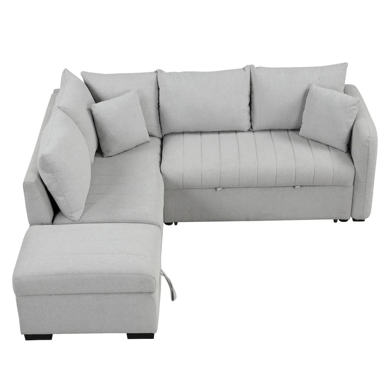 82.6" L-Shaped Sectional Sofa Bed with Pull-Out Feature, USB Ports, Power Sockets, and Movable Storage Ottoman - Bei 9