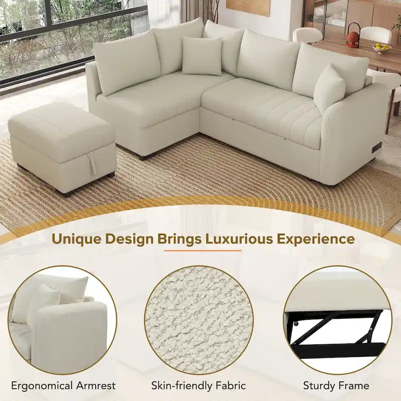 82.6" L-Shaped Sectional Sofa Bed with Pull-Out Feature, USB Ports, Power Sockets, and Movable Storage Ottoman - Bei 11