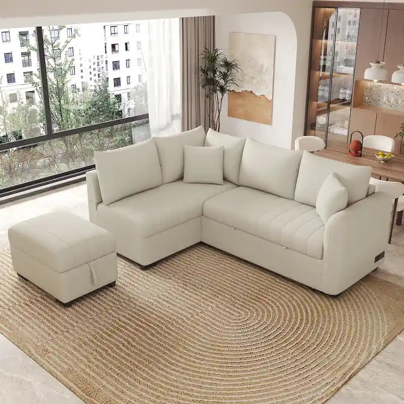 82.6" L-Shaped Sectional Sleeper Sofa Bed with Dual USB Ports, Power Outlets, and Removable Storage Ottoman - Bei 12