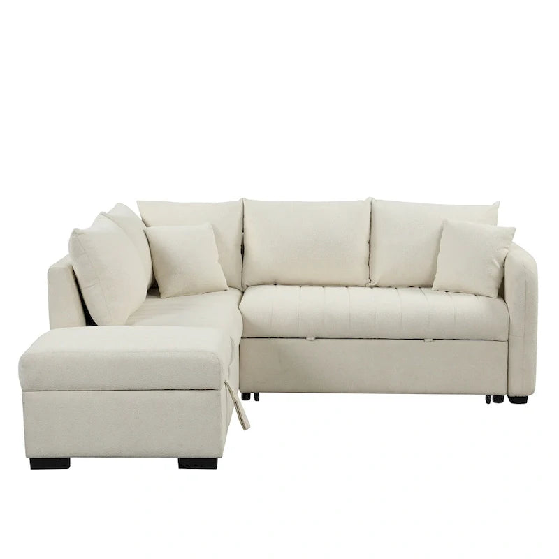 82.6" L-Shaped Sectional Sofa Bed with Pull-Out Feature, USB Ports, Power Sockets, and Movable Storage Ottoman - Bei 13