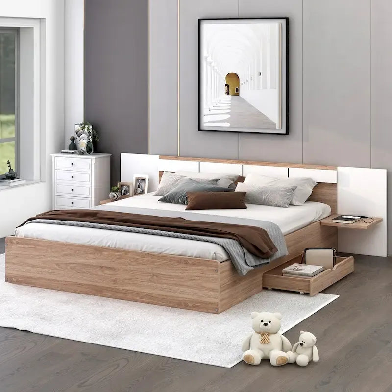 Natural Queen Size Platform Bed with Headboard, Storage Drawers, Shelves, USB Ports, and Outlets 1