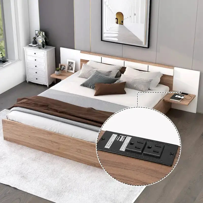 Natural Queen Size Platform Bed with Headboard, Storage Drawers, Shelves, USB Ports, and Outlets 2