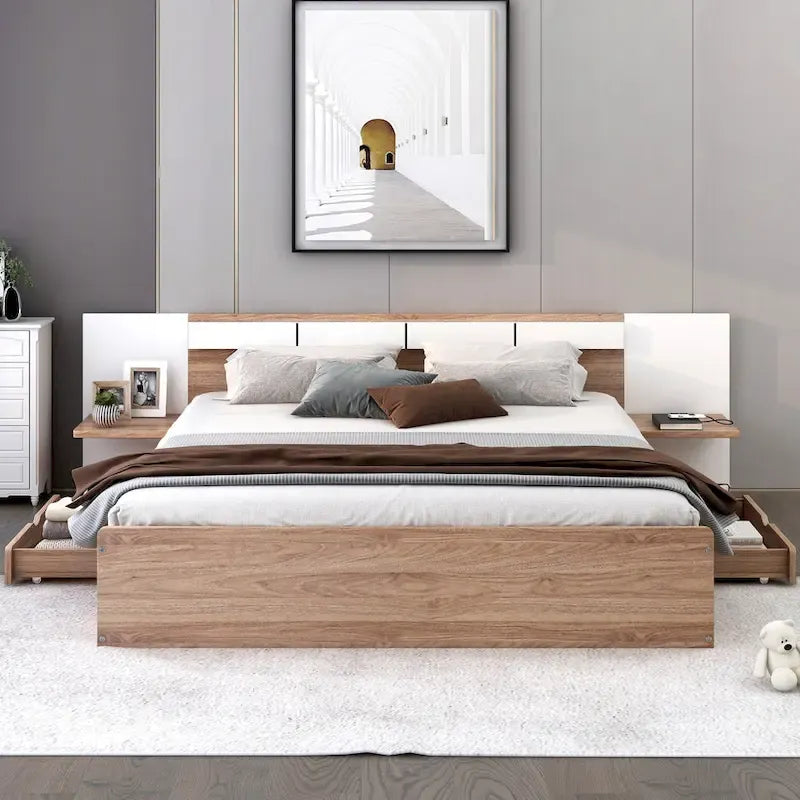 Natural Queen Size Platform Bed with Headboard, Storage Drawers, Shelves, USB Ports, and Outlets 3
