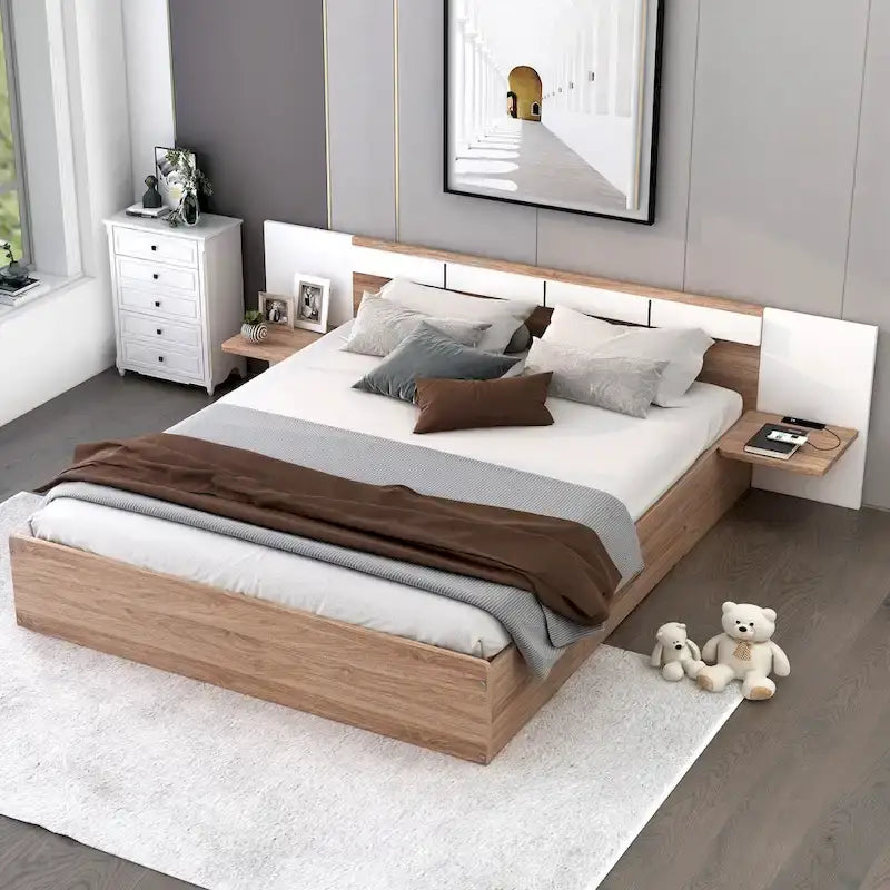 Natural Queen Size Platform Bed with Headboard, Storage Drawers, Shelves, USB Ports, and Outlets 4