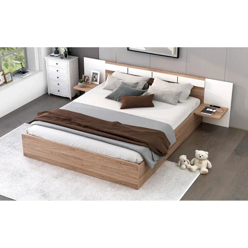 Natural Queen Size Platform Bed with Headboard, Storage Drawers, Shelves, USB Ports, and Outlets 5