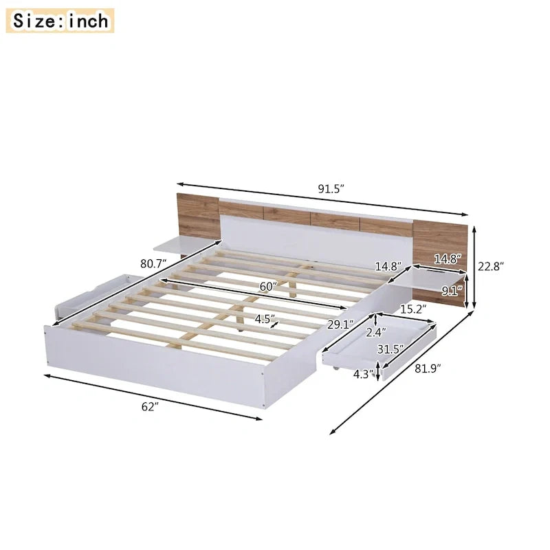 Natural Queen Size Platform Bed with Headboard, Storage Drawers, Shelves, USB Ports, and Outlets 6