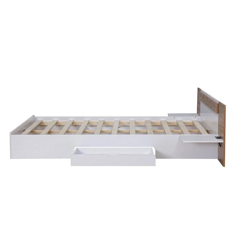 Natural Queen Size Platform Bed with Headboard, Storage Drawers, Shelves, USB Ports, and Outlets 7