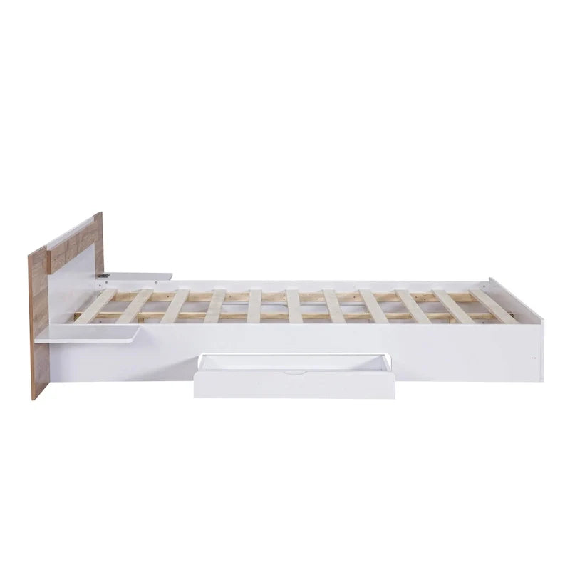 Natural Queen Size Platform Bed with Headboard, Storage Drawers, Shelves, USB Ports, and Outlets 8