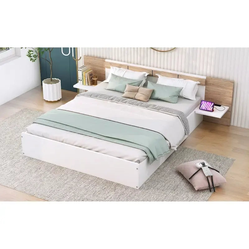 Natural Queen Size Platform Bed with Headboard, Storage Drawers, Shelves, USB Ports, and Outlets 9