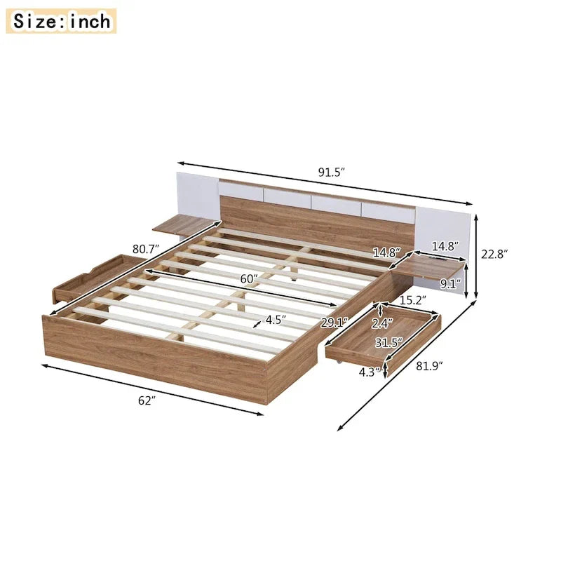 Natural Queen Size Platform Bed with Headboard, Storage Drawers, Shelves, USB Ports, and Outlets 10
