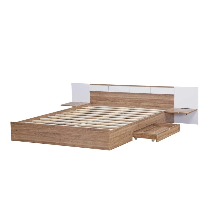 Natural Queen Size Platform Bed with Headboard, Storage Drawers, Shelves, USB Ports, and Outlets 11