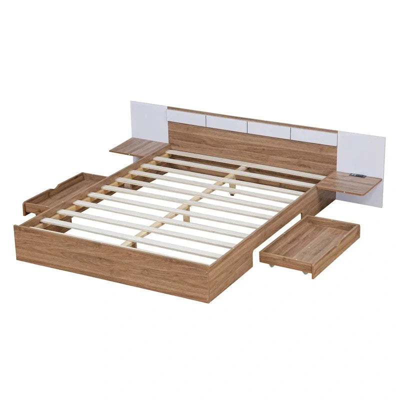 Natural Queen Size Platform Bed with Headboard, Storage Drawers, Shelves, USB Ports, and Outlets 12