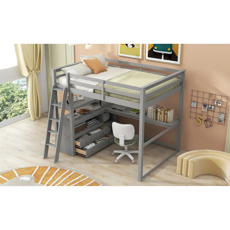 Gray Full-Size Loft Bed with Desk, Shelves, and Two Built-In Drawers 1