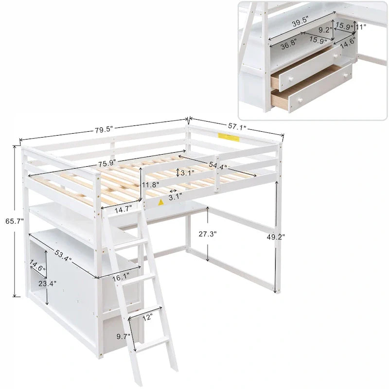 Gray Full-Size Loft Bed with Desk, Shelves, and Two Built-In Drawers 2