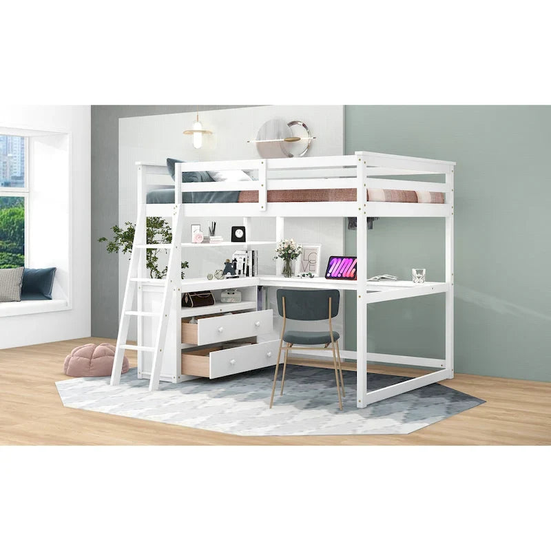 Gray Full-Size Loft Bed with Desk, Shelves, and Two Built-In Drawers 6