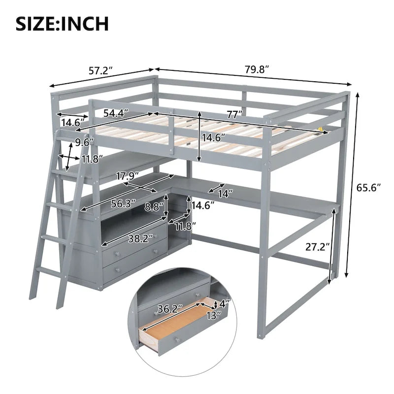 Gray Full-Size Loft Bed with Desk, Shelves, and Two Built-In Drawers 7
