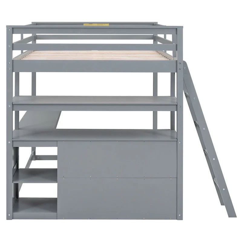 Gray Full-Size Loft Bed with Desk, Shelves, and Two Built-In Drawers 8