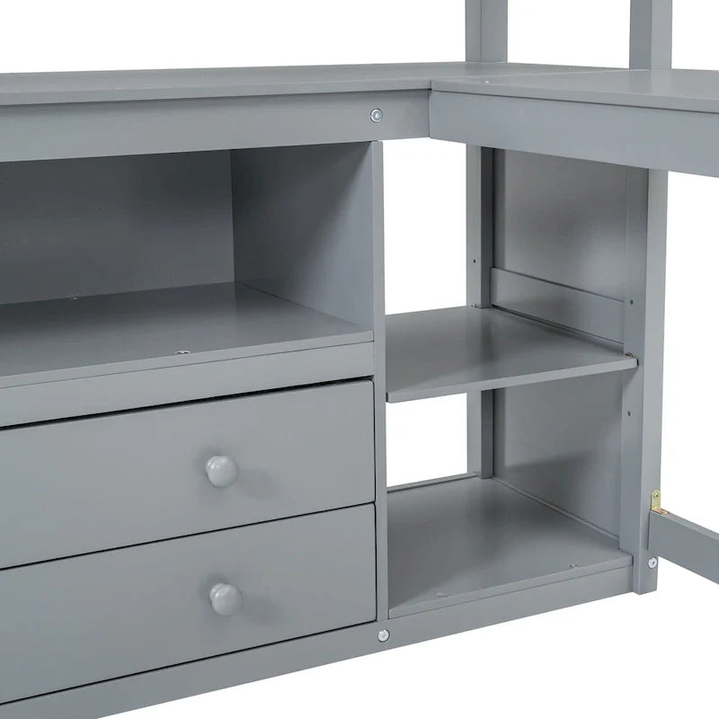 Gray Full-Size Loft Bed with Desk, Shelves, and Two Built-In Drawers 9