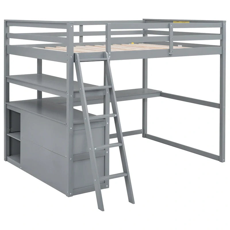 Gray Full-Size Loft Bed with Desk, Shelves, and Two Built-In Drawers 10