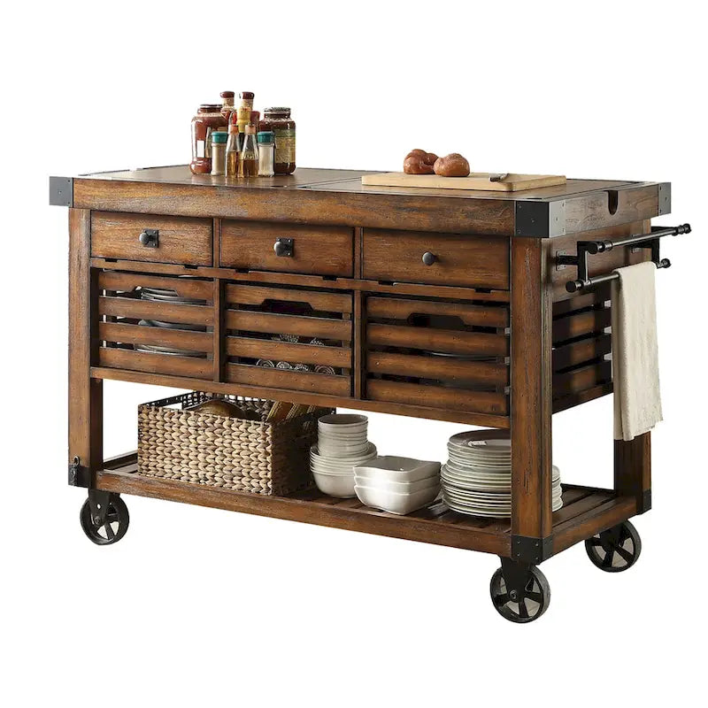 Distressed Chestnut Kitchen Cart with 3 Drawers 1