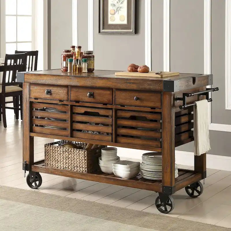 Distressed Chestnut Kitchen Cart with 3 Drawers 2