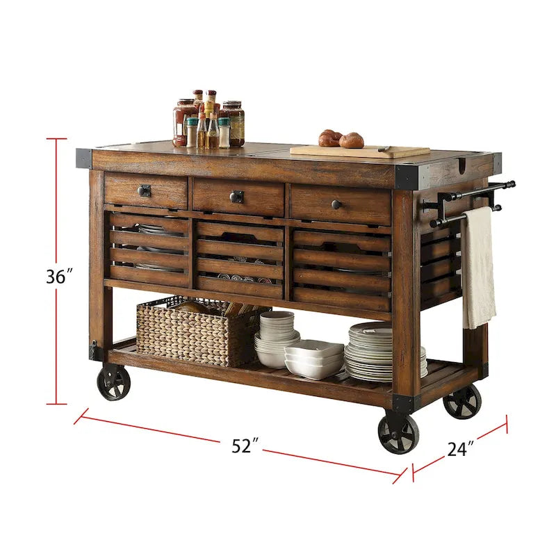 Distressed Chestnut Kitchen Cart with 3 Drawers 3