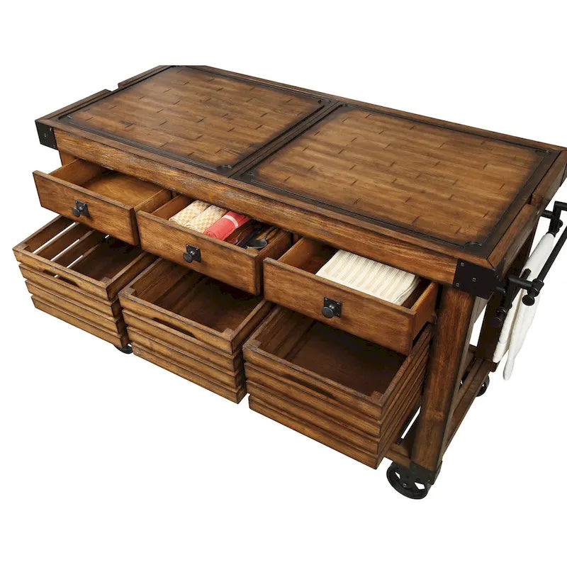 Distressed Chestnut Kitchen Cart with 3 Drawers 4