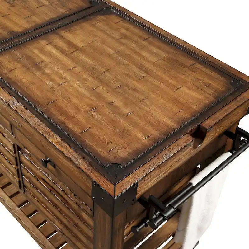 Distressed Chestnut Kitchen Cart with 3 Drawers 5