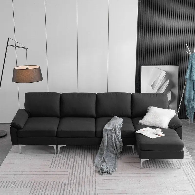 110" L-Shaped Modular Sofa with Chaise and Iron Legs - Seats 4, Upholstered Fabric 11
