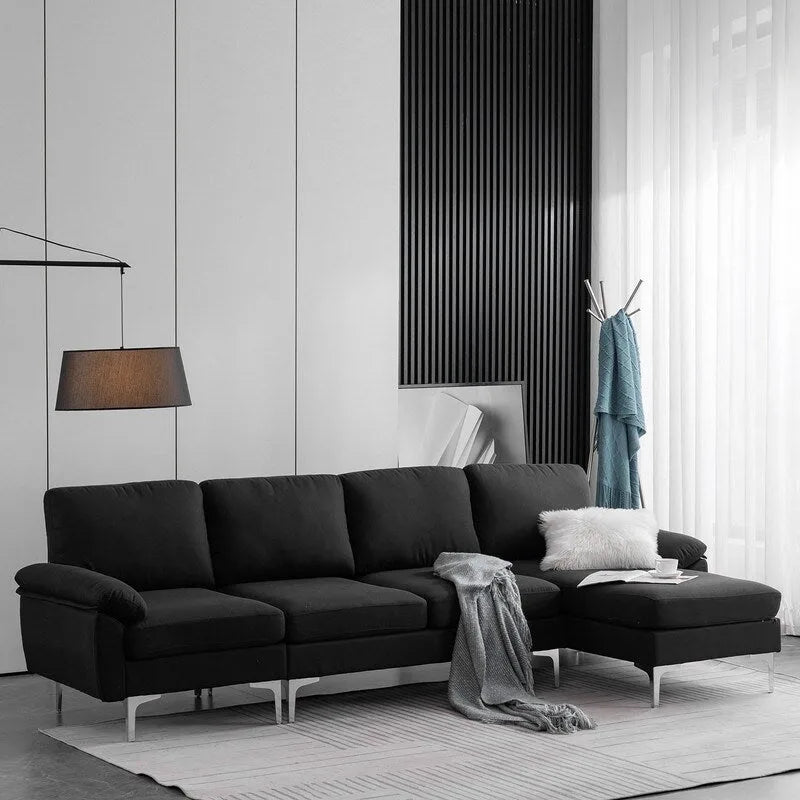 110" L-Shaped Modular Sofa with Chaise and Iron Legs - Seats 4, Upholstered Fabric 6