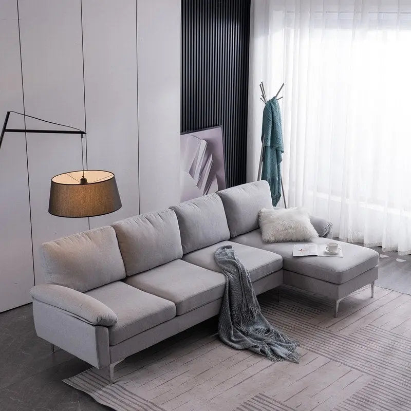 110" L-Shaped Modular Sofa with Chaise and Iron Legs - Seats 4, Upholstered Fabric 7